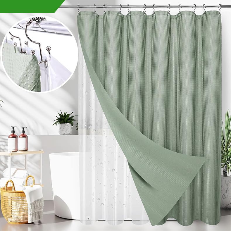 Viowil LightGreen Bathroom Set, 23 PCS Bathroom Accessories Set with Shower Curtains, Trash Can, Toothbrush Holder, Soap Dispensers, Toothbrush Cup, Vanity Tray, Soap Dish, Toilet Brush, Qtip Holders - Image 3